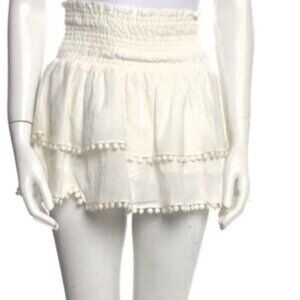 Aqua White Smocked Hips Pom-Pom Trim Ruffled Tiered Mini Skirt Size Large